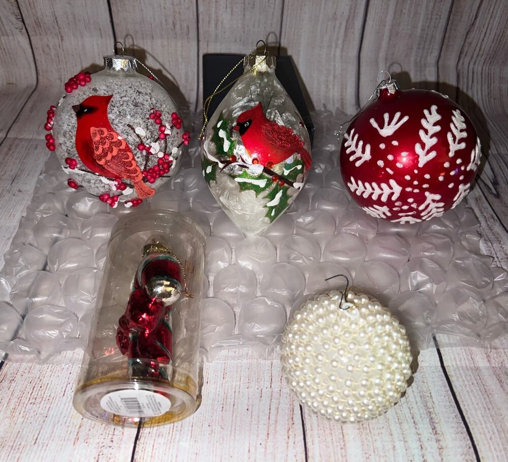 5x Vintage Blown Glass Beaded Ornaments Hand Painted Cardinals Candy Cane